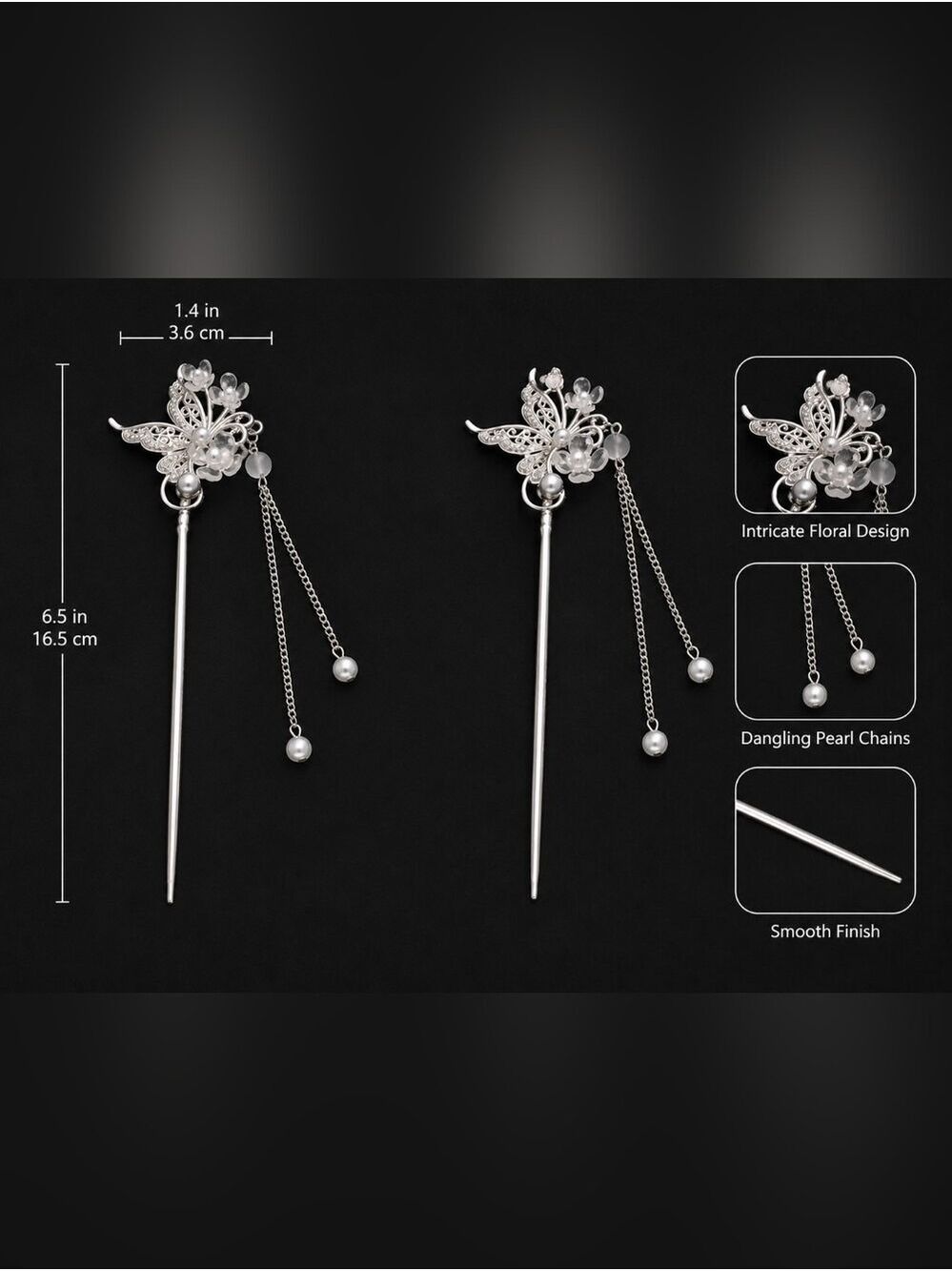 Silver Floral Pearl Butterfly Hair Stick Set - Elegant Women’s Hair Accessories - Picture 3 of 4